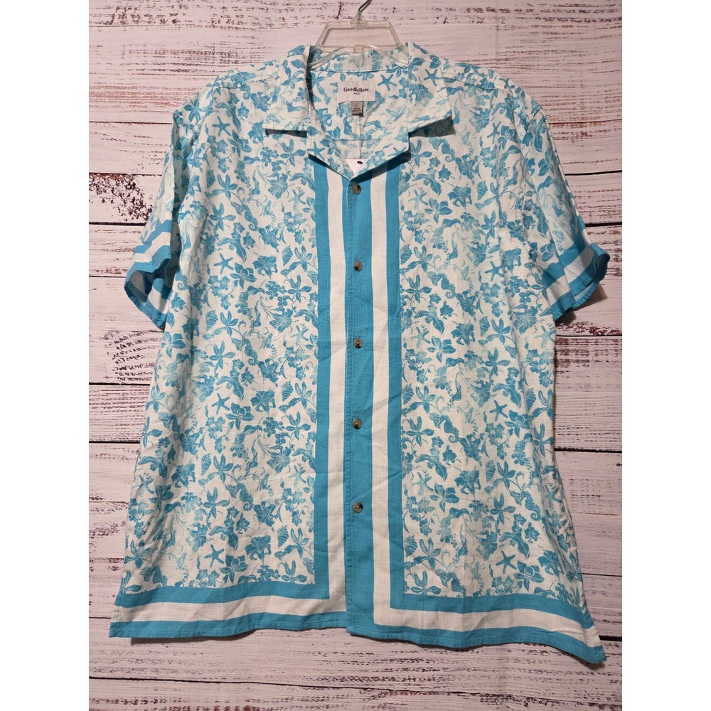 Goodfellow & Co Mens Blue Tropical Seahorse Stripe Vacay Button Up Shirt L NWT